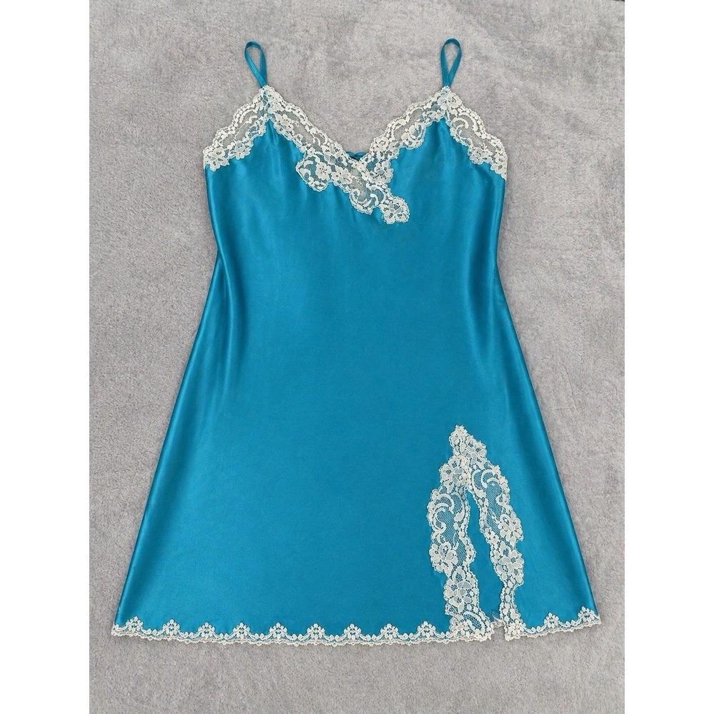 Vintage Y2K Victoria's Secret Teal Satin Lace Slip Dress Size L Coquette